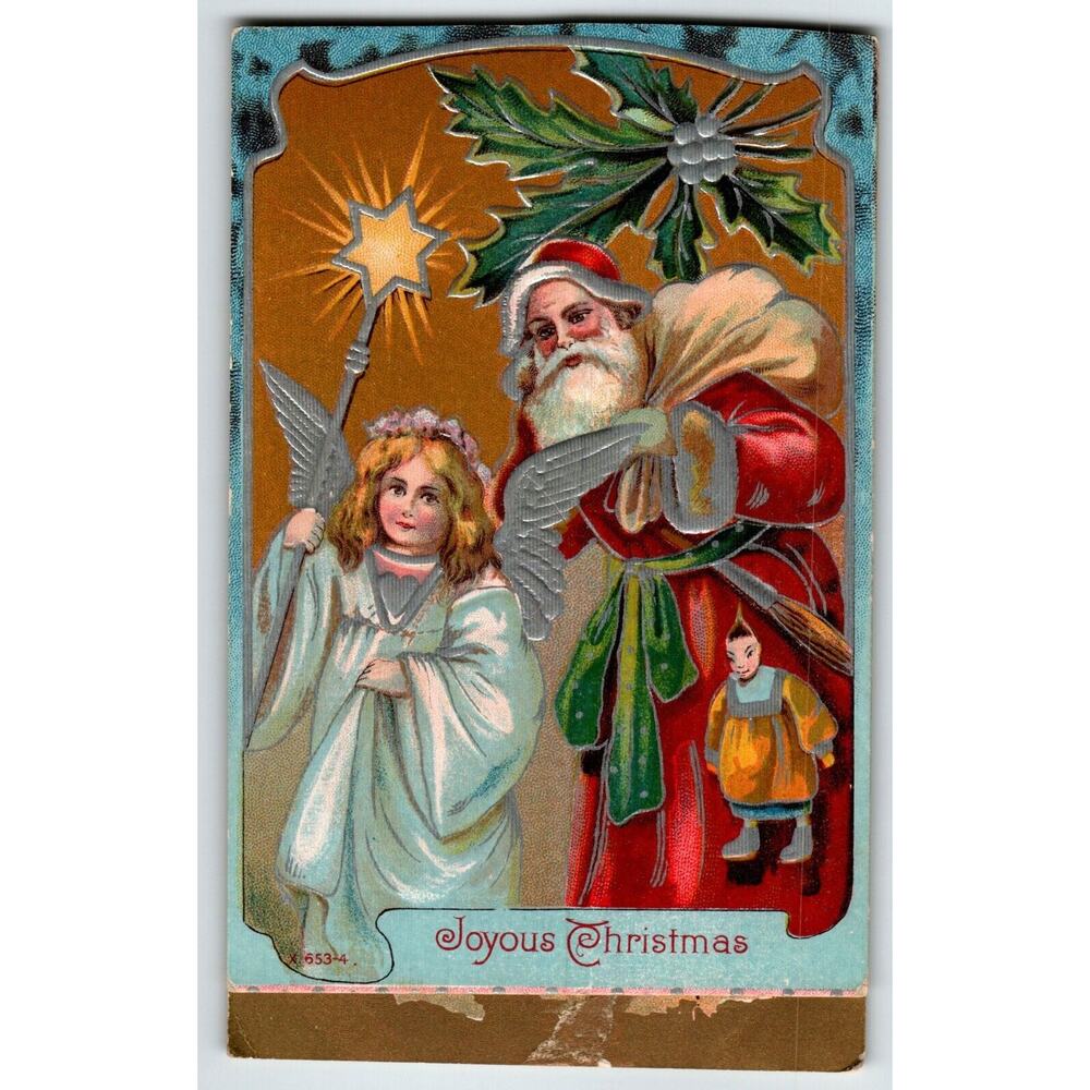 Santa Claus Christmas Postcard Angel With Star Staff Embossed Series X 653-4